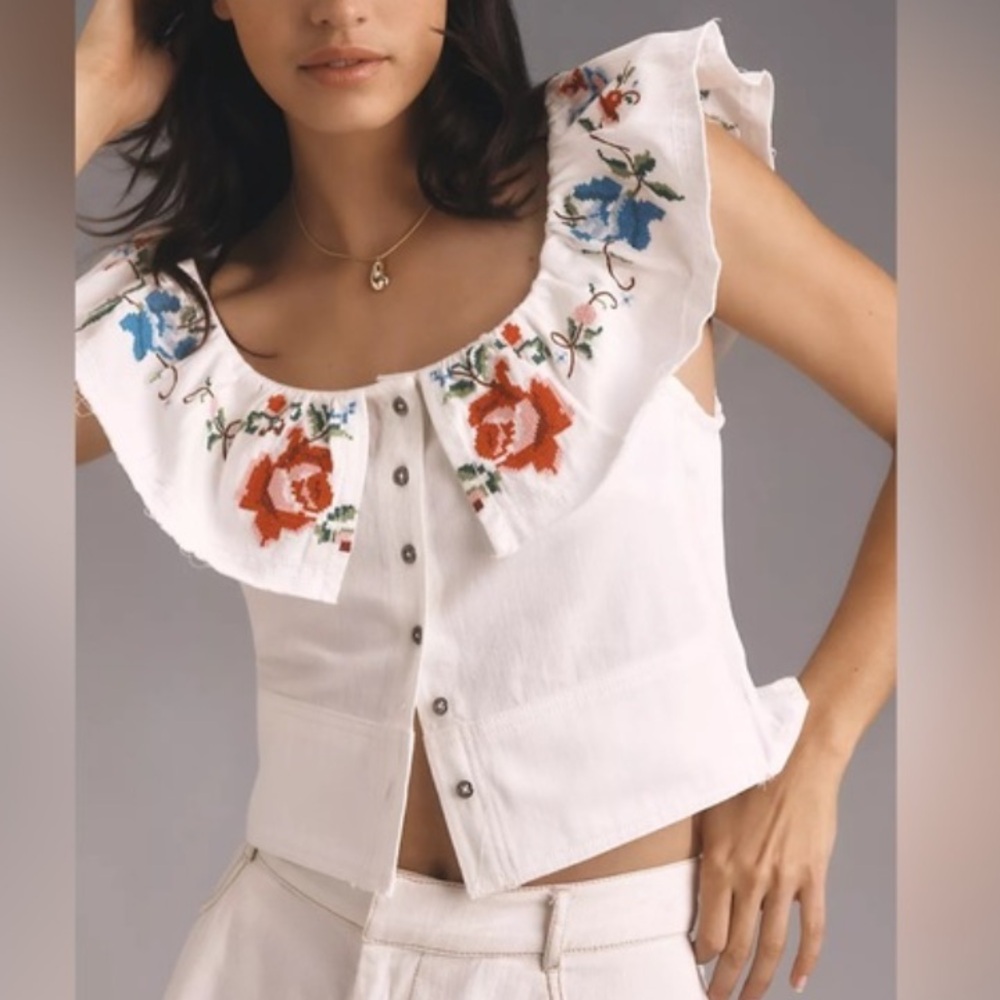 Anthropologie Pilcro Embroidered Floral Off-Shoulder button front Top size 1X